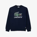 Buzo de cuello redondo Lacoste, color azul marino, con estampado gráfico grande del logo de la marca en el pecho y pequeño logo bordado en el lateral inferior.