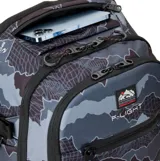 Mochila Rip Curl F-Light Posse 35L de diseño estampado en tonos grises y negros, con múltiples compartimentos con cierre, correas de compresión frontales y base reforzada.