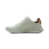 Championes Skechers Uno Lite Shimmer Along, color blanco con detalles metalizados en tono oro rosado en el talón. Presentan capellada de durabuck sintético con perforaciones decorativas, plataforma ligera y cordones tono sobre tono.