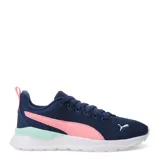 Championes deportivos Puma Anzarun Lite, confeccionados en malla textil azul marino con detalles en rosa y verde agua. Presentan el logo de la marca en el lateral y en la puntera, con suela blanca de espuma EVA.
