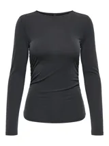 Top de manga larga color gris oscuro, con cuello redondo y diseño ajustado con fruncidos laterales en el cuerpo.