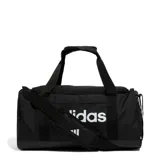 Bolso Adidas Linear Duffel pequeño, color negro con logo blanco. Tiene compartimento principal con cierre de doble vía, bolsillo externo, bolsillos internos, compartimento lateral para calzado, dos manijas acolchadas y correa ajustable para el hombro.