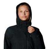 Campera impermeable Columbia modelo Hikebound II, color negro, con capucha ajustable, cierre frontal con solapa, bolsillos con cremallera y puños ajustables.