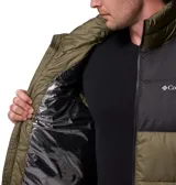 Chaleco acolchado Columbia modelo Pike Lake II Vest Omni-Heat, con diseño bicolor en tonos verde militar y negro. Cuenta con cuello alto, cierre frontal completo y bolsillos laterales con cremallera.