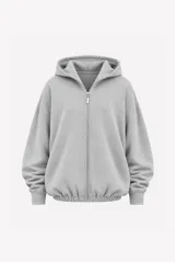 Campera tipo hoodie con cierre frontal completo, confeccionada en felpa de algodón. Presenta un diseño oversize con capucha amplia, bolsillos laterales y puños y ruedo elásticos.