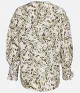 Blusa de crepé color blanco con estampado de hojas verdes, escote en V y mangas largas abullonadas con detalle de nudo en los puños.