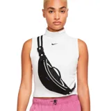 Riñonera negra con logo Nike bordado en azul, cierre superior con cremallera y correa ajustable con hebilla.