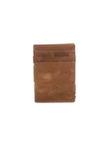 Billetera de cuero marrón con tarjetero y detalle de diseño minimalista.