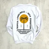 Buzo blanco de algodón con estampa en el pecho de una palmera y la frase "Tropical Loneliness - Indo Expedition".