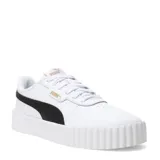 Championes Puma Carina 3.0 blancos con detalles negros y logo dorado. Inspirados en la moda playera californiana de los años 80, con plantilla SOFTFOAM+ para amortiguación y talón extra grueso.