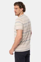 Remera de manga corta con rayas horizontales en tonos beige, azul, verde y salmón.