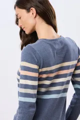 Buzo tejido de algodón con diseño de rayas horizontales en tonos azules, beige y rosado, cuello redondo y manga larga.