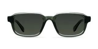 Lentes de sol con montura rectangular de diseño contemporáneo en color verde oliva traslúcido. Presentan cristales oscuros con protección UV.