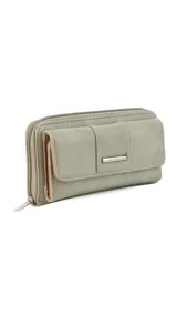 Billetera larga marca Lincoln's, color bordó con interior beige. Presenta un diseño con solapa frontal, múltiples compartimentos para tarjetas, visor y monedero con cierre.