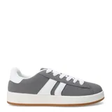 Championes urbanos de diseño minimalista, color negro con dos franjas laterales blancas, suela blanca y base de goma color caramelo.