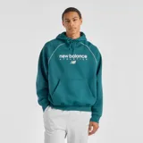 Canguro New Balance de la colección Trackside, color verde petróleo, con capucha y cordón ajustable. Presenta mangas raglán con ribetes blancos en contraste, bolsillo frontal tipo canguro, puños y dobladillo acanalados, y logo de la marca estampado en el pecho.