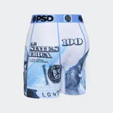 Calzoncillos bóxer estampados con billetes de 100 dólares, con pretina elástica celeste con logo de la marca.