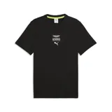 Remera negra de cuello redondo y manga corta, con estampado frontal que incluye los logos de Aston Martin, Aramco y Puma.