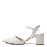 Zapatos de mujer marca Bottero, color blanco, con diseño de punta fina, taco block y tira ajustable al tobillo con hebilla metálica.