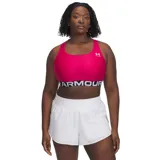 Top deportivo Under Armour de soporte medio, color fucsia con banda elástica inferior negra con el logo de la marca en blanco. Presenta diseño de espalda cruzada y tejido técnico de secado rápido.