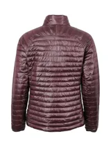 Campera acolchada de Mountain Hardwear, color bordó con acabado brillante. Presenta cierre frontal completo, cuello alto, puños elásticos y un bolsillo frontal con cierre en contraste de color negro que incluye el logo de la marca.