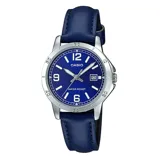 Reloj Casio de pulsera para mujer, con correa de cuero azul y esfera azul con números arábigos. Caja plateada de 35mm y cristal mineral. Resistente al agua hasta 30 metros. Incluye calendario.