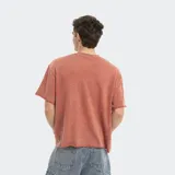 Remera oversize color terracota con efecto acid wash y estampa circular en el pecho. Presenta cuello redondo y terminaciones sin dobladillo en mangas y ruedo.