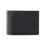 Billetera de cuero negra con logo Rip Curl en relieve y protección RFID. Diseño plegable con múltiples compartimentos para tarjetas y billetes.