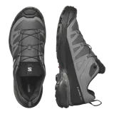 Championes de trekking Salomon X Ultra 360, de color negro y gris, con sistema de ajuste rápido de cordones Quicklace, suela Contagrip y tecnología Advanced Chassis para mayor estabilidad y protección en senderismo.