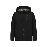 Campera negra de estilo casual con cierre frontal de botones, bolsillos con solapa en el pecho y capucha integrada con forro interior a cuadros.