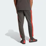 Pantalón deportivo Adidas de felpa, color gris oscuro, con diseño de tiro medio y corte clásico. Presenta las icónicas tres bandas laterales en color rojo, logo de Audi Revolut F1 Team en la pierna derecha y logo de Adidas en la izquierda. Incluye cintura con cordón ajustable y bolsillos laterales.