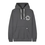 Canguro negro de algodón con capucha ajustable mediante cordones blancos, bolsillo tipo canguro en el frente y estampa circular con texto blanco en el pecho.