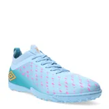 Championes de fútbol Umbro Limit TF, color celeste con detalles en negro y rosa.