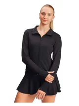 Campera deportiva de alto rendimiento, color negro, con cierre frontal completo, cuello alto y mangas largas con orificios para pulgares. Confeccionada en tejido elástico y transpirable de secado rápido.
