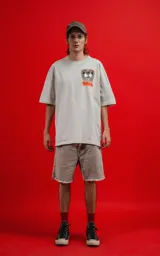 Remera de algodón premium color gris claro, corte oversize, con cuello redondo y manga corta. Presenta un estampado frontal pequeño con dos personajes de Disney (Mickey y Minnie) en llamas con el texto "THE FLAME OF LOVE".