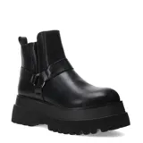 Botas de caña media con plataforma dentada, confeccionadas en material sintético negro. Presentan un diseño tipo chelsea con elásticos laterales y una tira decorativa con hebilla metálica en el tobillo.