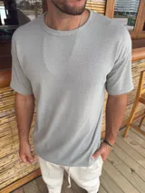 Remera de hombre color gris claro, de punto símil tejido, con cuello redondo y mangas cortas.