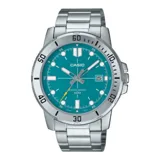 Reloj Casio con movimiento de cuarzo japonés, caja y correa de acero inoxidable plateado, esfera color turquesa, cristal mineral resistente a rayaduras y resistencia al agua de 50 metros.