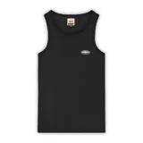 Musculosa negra de algodón con cuello y sisas ribeteadas. Presenta un logo pequeño estampado en el pecho y etiqueta de marca en el interior del cuello.