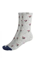 Par de medias grises con estampado de pequeñas flores rojas y puntera azul.