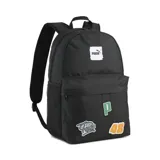 Mochila Puma Phase Patch negra con logo de Puma estampado en blanco y parches decorativos.