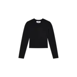 Remera de manga larga color negro, de corte ajustado y cuello redondo, con estampado sutil en el pecho.