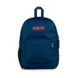 Mochila Jansport azul marino con logo rojo. Tiene un compartimento principal, un bolsillo frontal con cierre, un bolsillo lateral de malla para botella de agua, espaldar acolchado y correas regulables acolchadas.