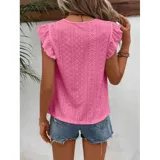 Blusa de tela broderie color negro, con cuello redondo, mangas cortas con volados y detalle de calado horizontal en la parte superior del pecho.