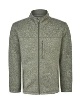 Polar de hombre color verde oliva jaspeado, con cuello alto y cierre frontal completo. Presenta un bolsillo vertical con cierre en el pecho y bolsillos laterales con cierre.