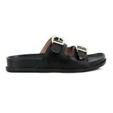 Sandalias tipo slides de color negro, con dos tiras anchas ajustables mediante hebillas metálicas doradas y suela anatómica.