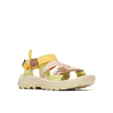 Sandalia deportiva Merrell con diseño ergonómico, correas ajustables de velcro en tonos amarillos, beige y rosado, y suela de goma con relieve para mayor tracción.