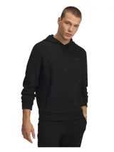 Canguro con capucha Under Armour, confeccionado en tejido espaciador de doble punto elástico. Presenta diseño liso en color negro con logo de la marca en relieve en el pecho, capucha ajustable con cordones y bolsillos laterales abiertos.