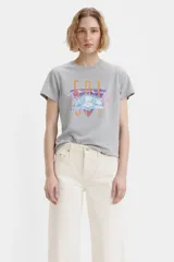 Remera gris de corte clásico con estampado frontal del logo de Levi's 501 en colores celeste, rosa y dorado.