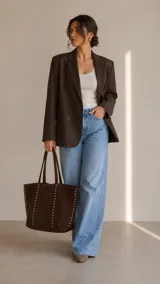 Cartera tipo tote bag de símil gamuza color marrón oscuro, de diseño amplio con detalles de tachas metálicas en los bordes y correas de hombro.